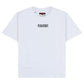 The Pleasures Cut Here Heavyweight T-Shirt Wht by PLEASURES is a white, 100% cotton short-sleeve tee with "PLEASURES" in black on the chest and "CUT HERE" text around the collar.