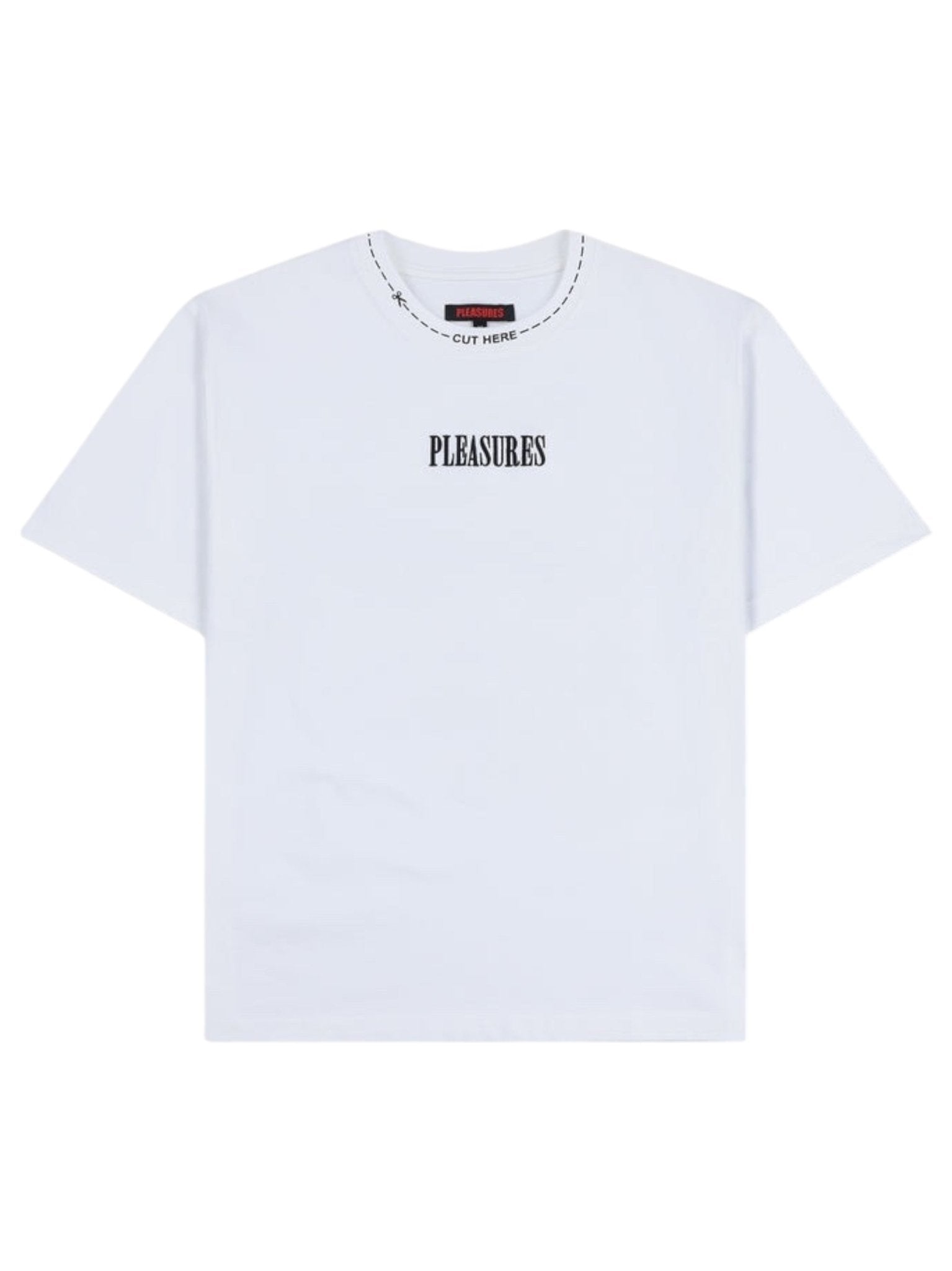 The Pleasures Cut Here Heavyweight T-Shirt Wht by PLEASURES is a white, 100% cotton short-sleeve tee with "PLEASURES" in black on the chest and "CUT HERE" text around the collar.