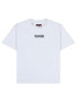 The Pleasures Cut Here Heavyweight T-Shirt Wht by PLEASURES is a white, 100% cotton short-sleeve tee with "PLEASURES" in black on the chest and "CUT HERE" text around the collar.