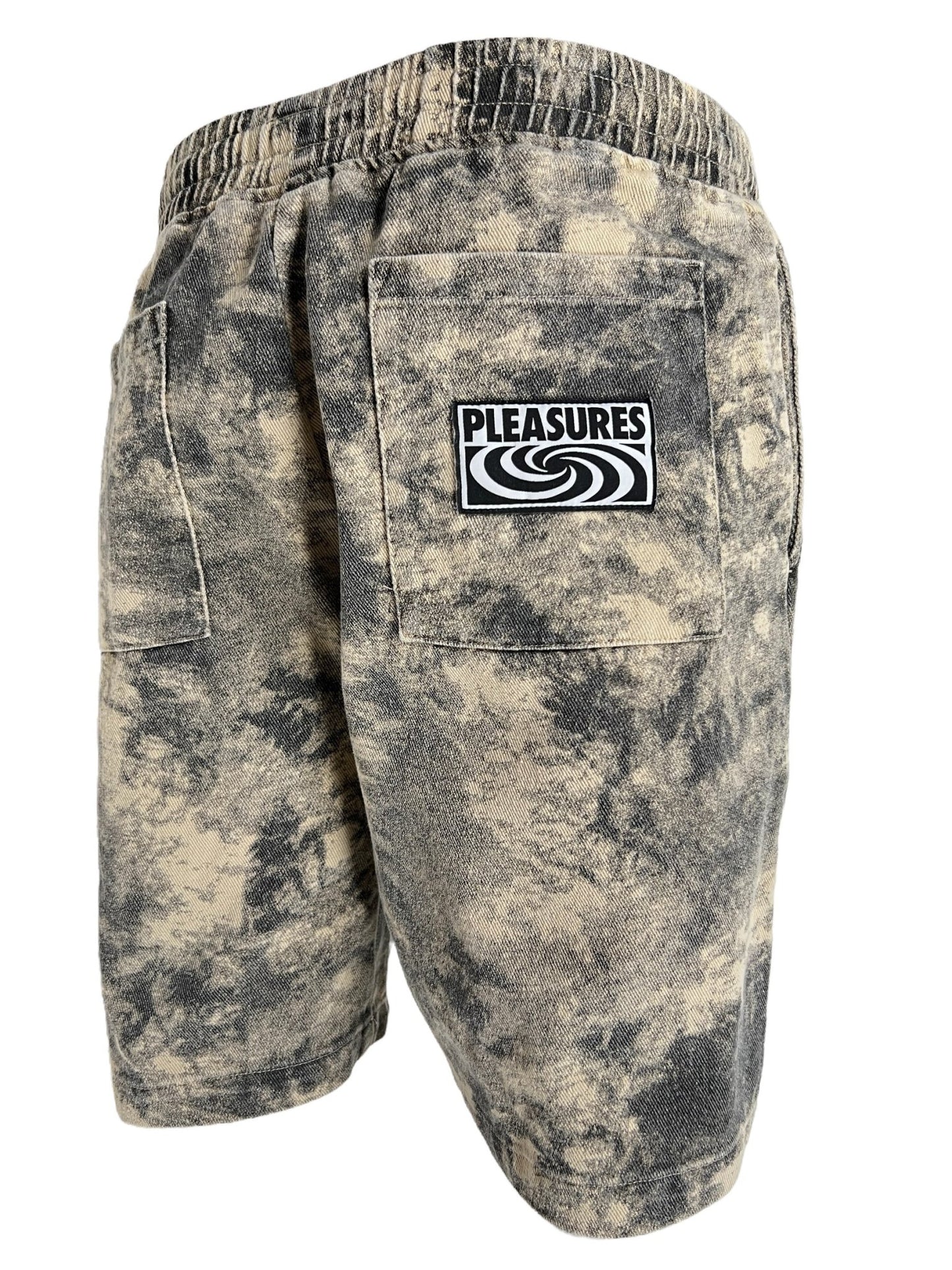 Soft cotton tie-dyed shorts with an elastic waistband, a rear pocket, and a "PLEASURES" logo patch. Product: Pleasures Cyclone Shorts Black by PLEASURES.