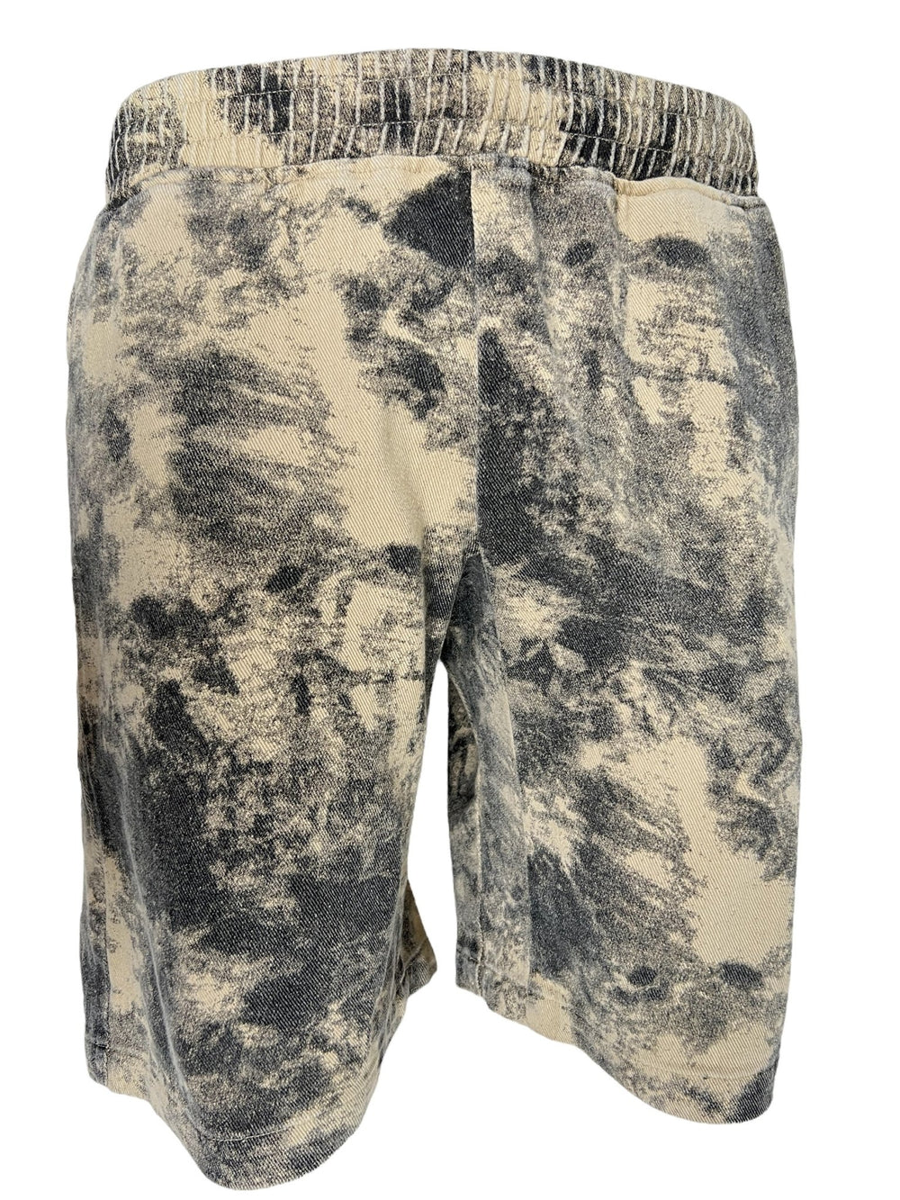 The Pleasures Cyclone Shorts Black by PLEASURES, featuring a gray and beige tie-dye design with an elastic waistband, are showcased against a crisp white background.