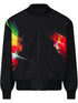 The PLEASURES Daft Club Reversible Bomber Black is a padded Taslan nylon jacket featuring vibrant sublimated abstract multicolored light patterns and ribbed cuffs, hem, and collar.