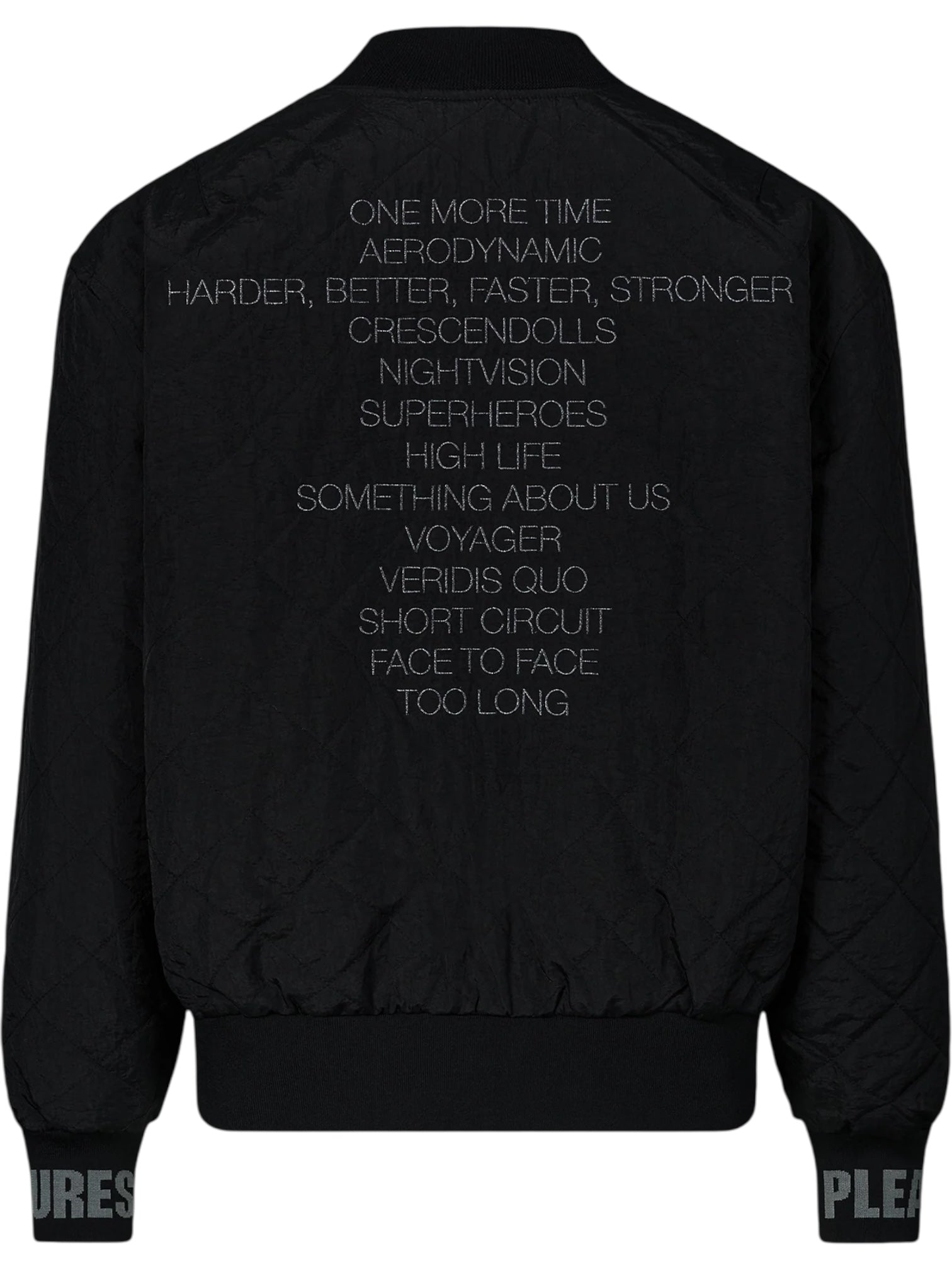 The PLEASURES Daft Club Reversible Bomber Black features Daft Punk song titles embroidered on the back, "PLEASURES" on the sleeves, and bold sublimated graphics for a unique look. Crafted from durable Taslan nylon.