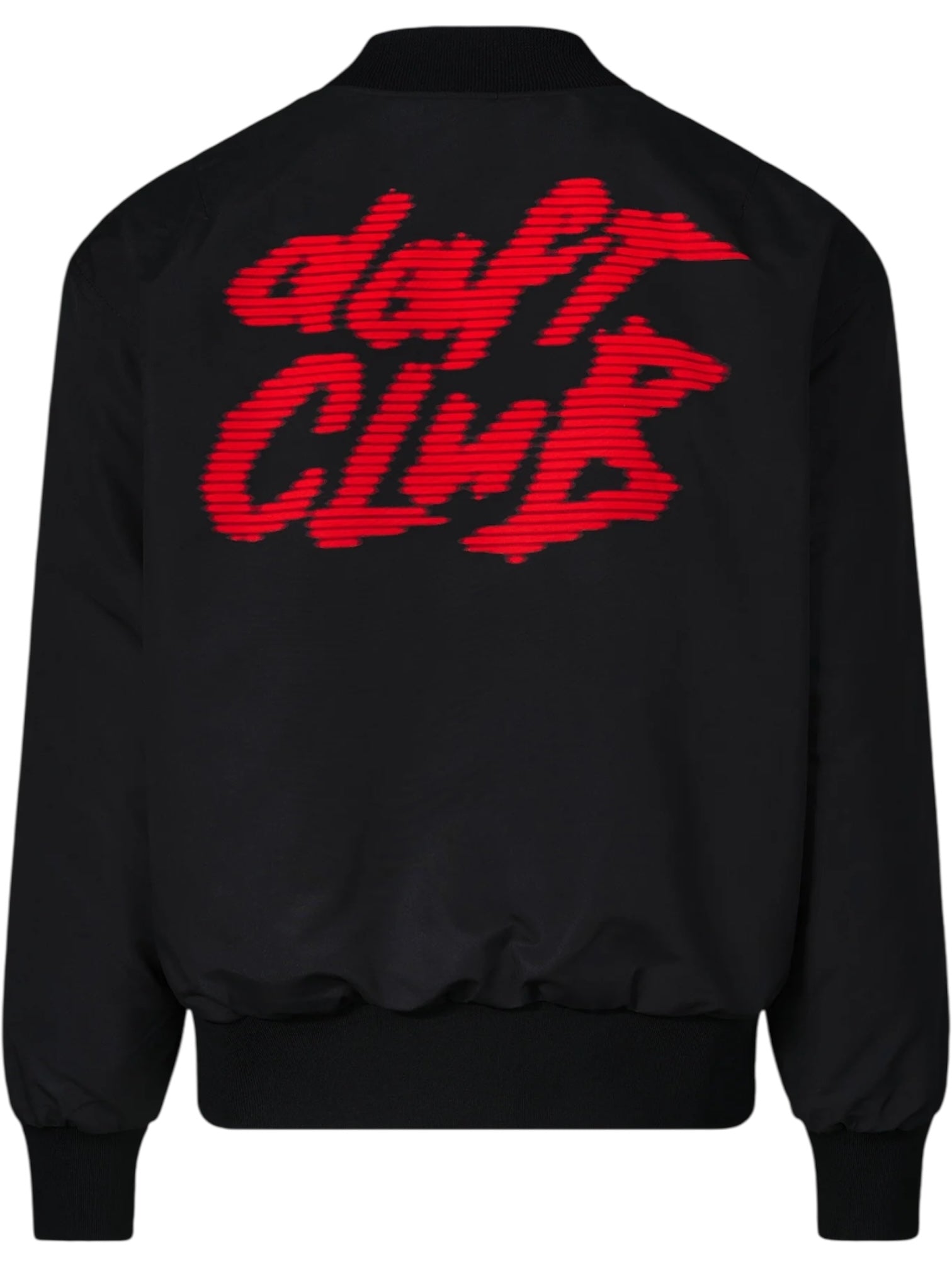 The PLEASURES Daft Club Reversible Bomber Black is a padded Taslan nylon jacket with bold, red "daft CLUB" text sublimated on the back.