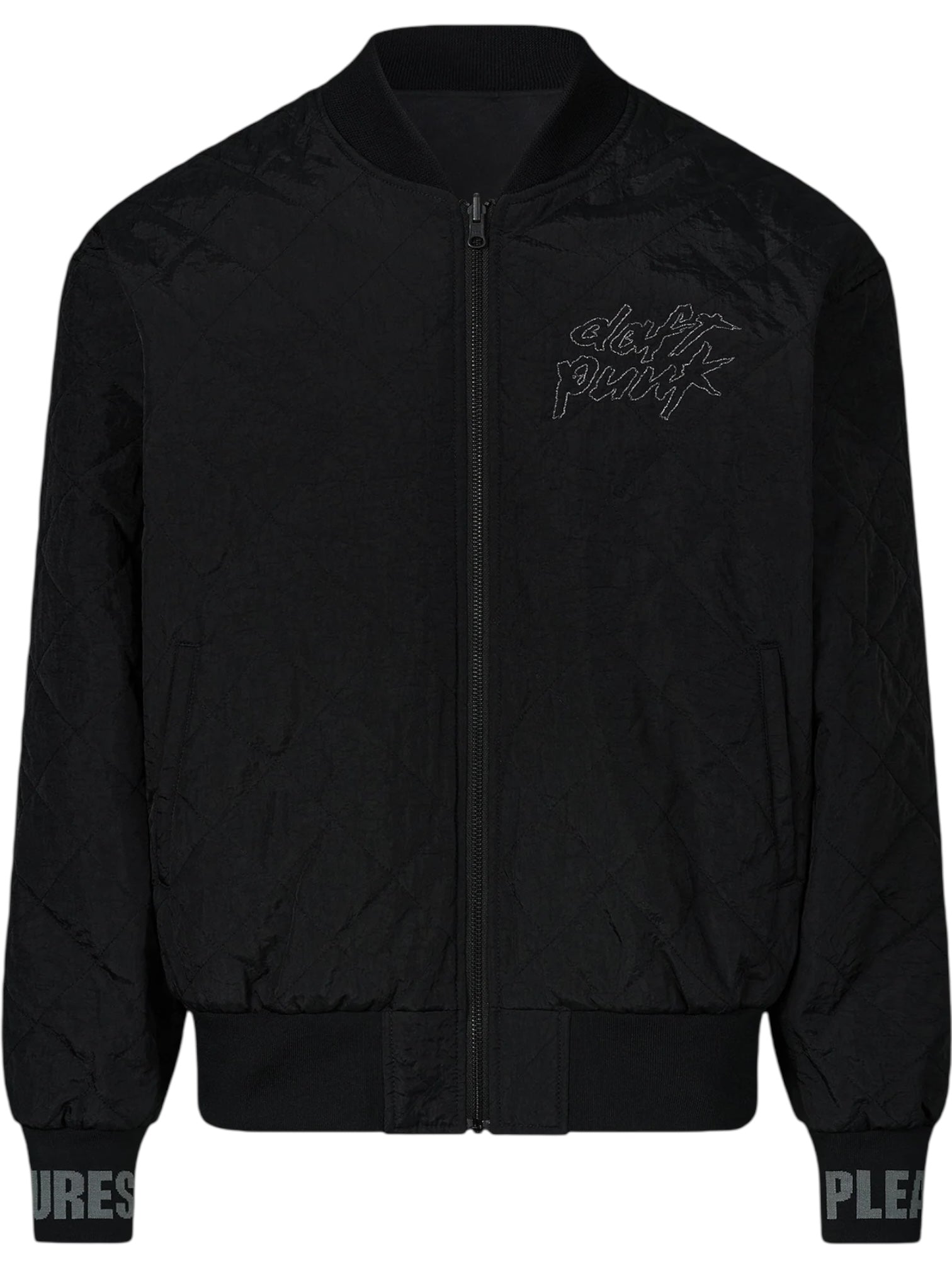 The Pleasures Daft Club Reversible Bomber Black by PLEASURES features black quilted Taslan nylon, a front zipper, ribbed trim, "daft punk" embroidery on the chest, and "PLEASURES" text on the sleeve cuffs.
