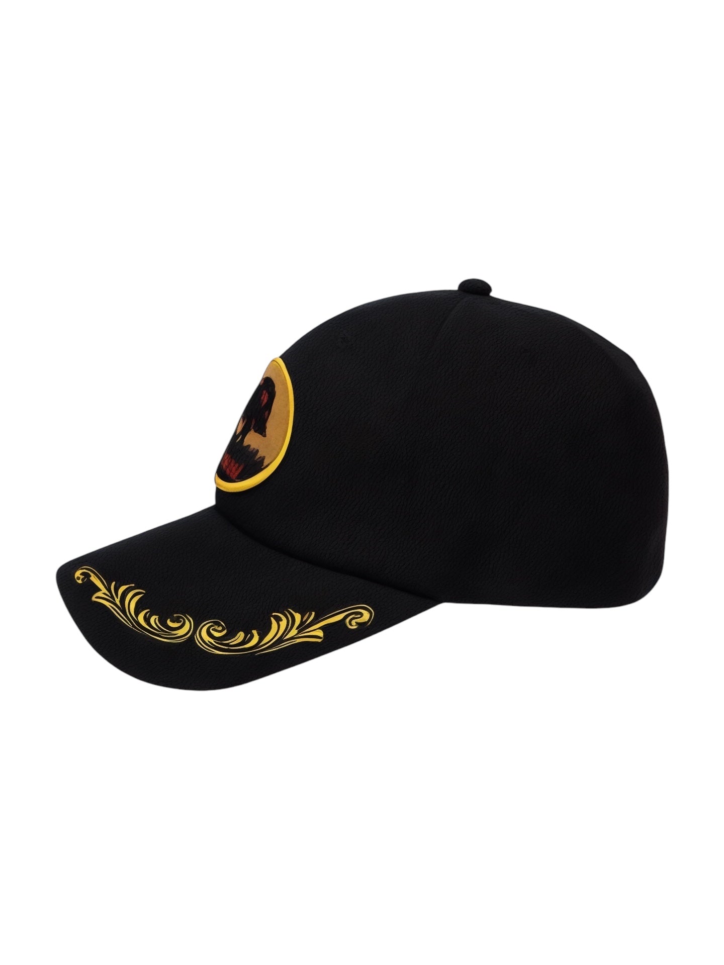 The Pleasures Daniele Cap Black features a curved brim, a yellow/orange patch with a stylized face, ornate yellow embroidery on the brim, and an embroidered boar logo. This PLEASURES x Iuter collaboration offers an adjustable fit for ultimate comfort.