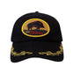 The Pleasures Daniele Cap Black, from PLEASURES, features a bear patch with "Outer Pleasures" in a yellow oval. Its adjustable fit and yellow swirls on the brim make this Pleasures x Iuter collaboration stylish and comfortable.