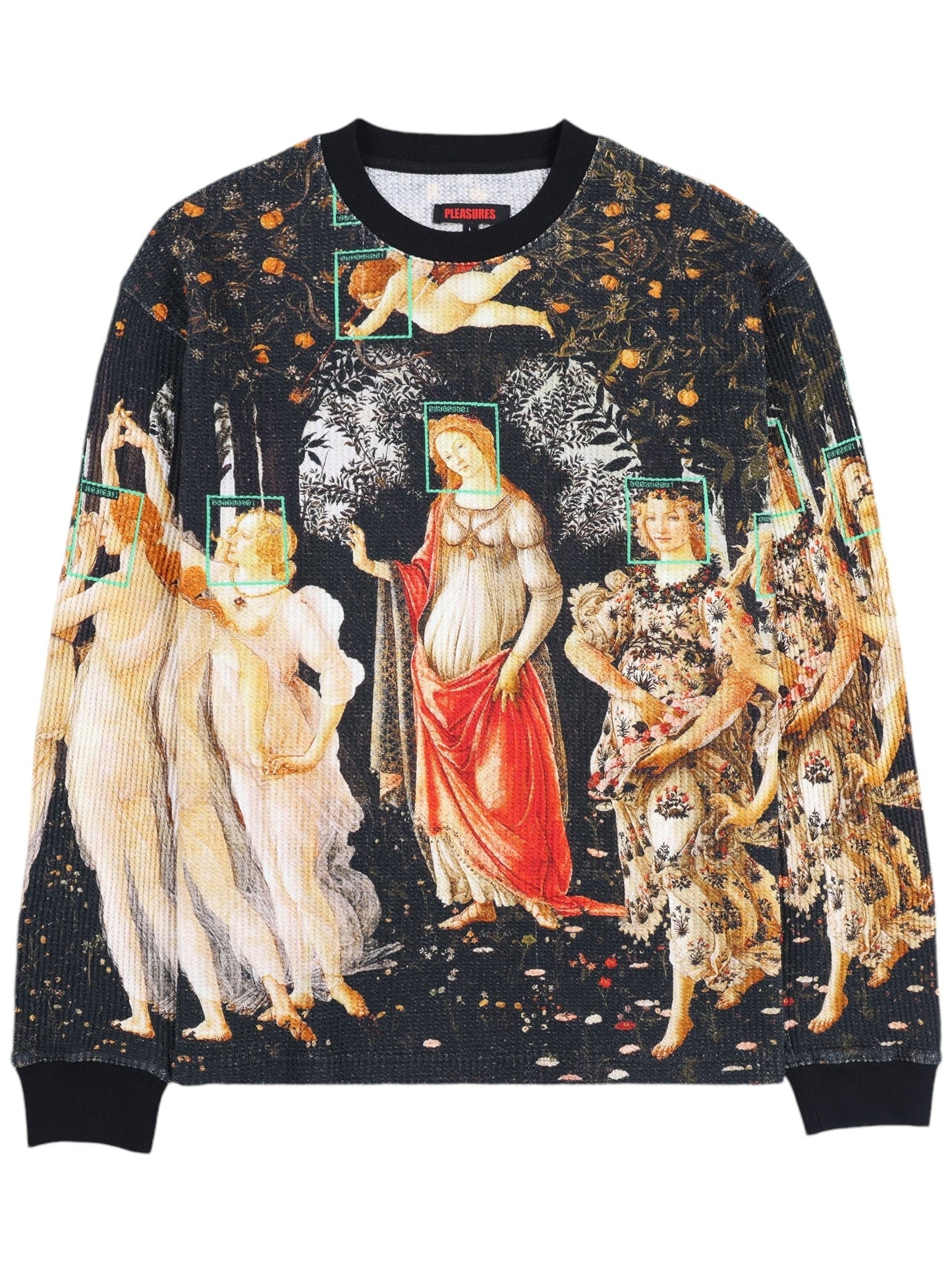 The Pleasures Facial Thermal L/S T-shirt in Black by PLEASURES combines a modern twist with traditional art, showcasing a digitally printed graphic of a classical painting on 100% cotton, highlighted by multiple figures encased in green boxes.