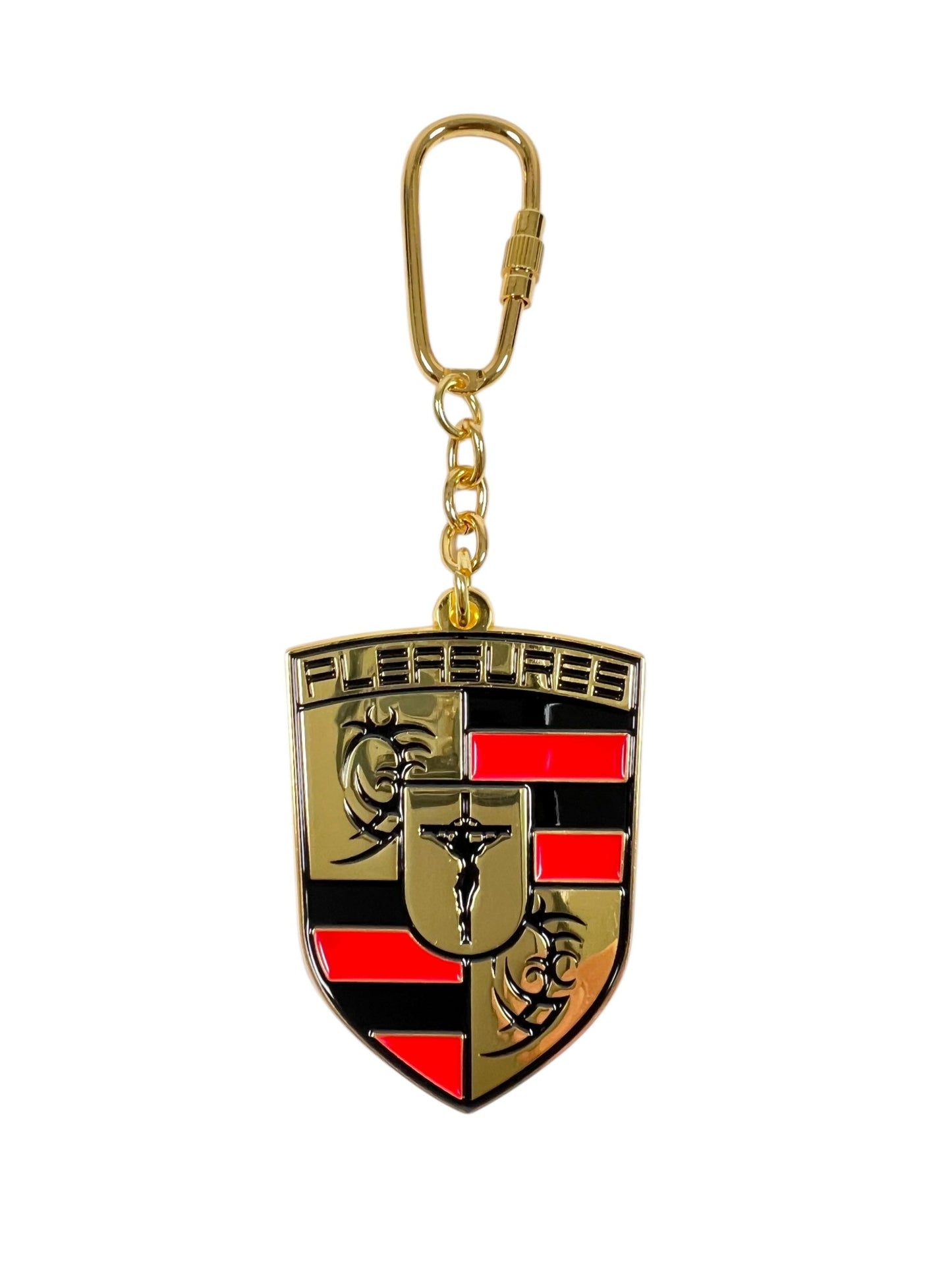 The Pleasures Fast Life Keychain Multi by PLEASURES, featuring a red and black shield with a central horse and stylized symbols, embodies elegance in every detail.