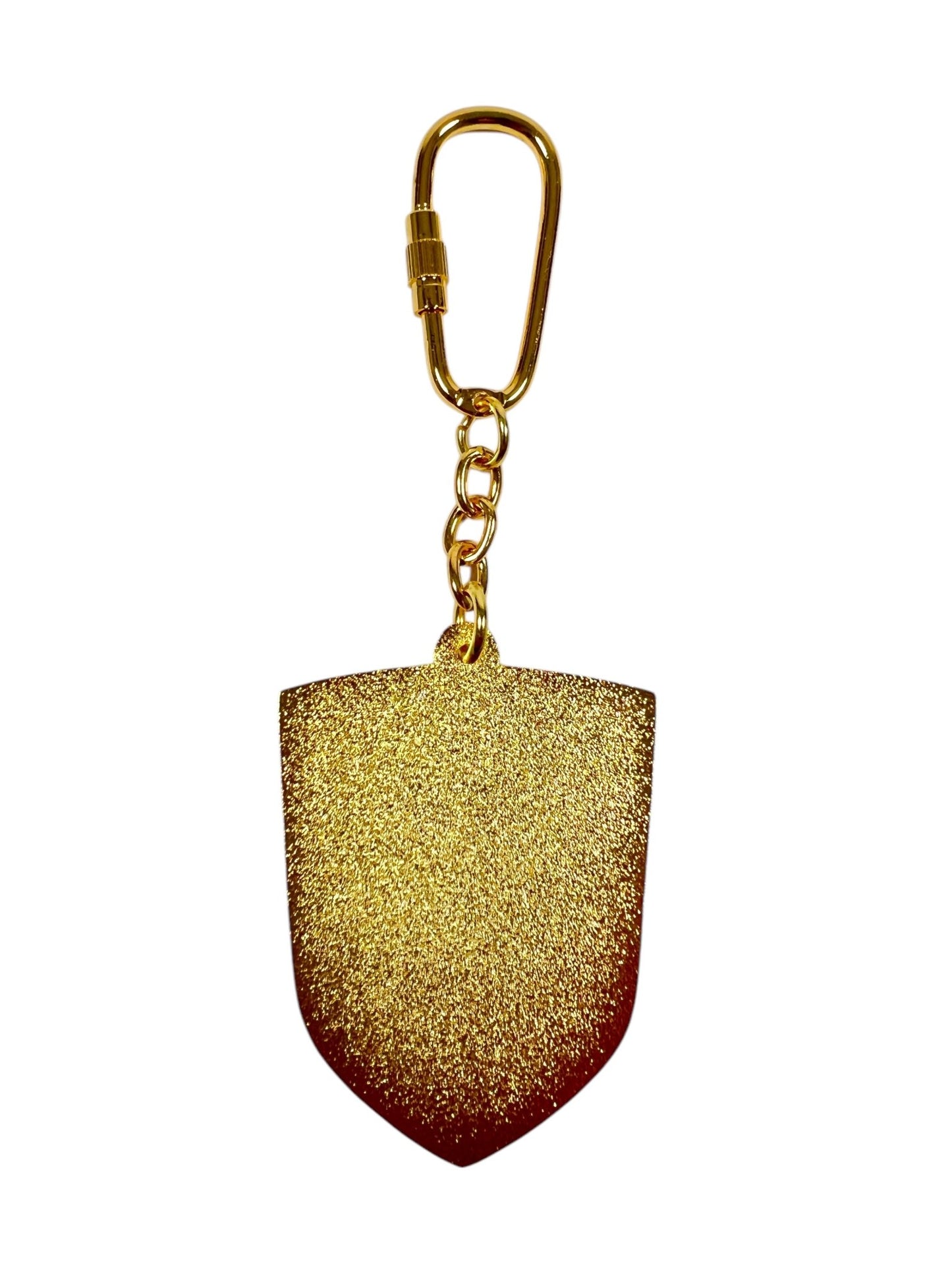 The Pleasures Fast Life Keychain Multi from PLEASURES exudes elegance with its glittery gold and red shield-shaped pendant, effortlessly capturing attention.