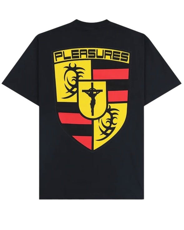 The Pleasures Fast Life T-shirt Black by PLEASURES is a black cotton tee with a bold crest graphic and “PLEASURES” text on the back, plus a central crucifix. Features garment dye for unique finish and a boxy fit.