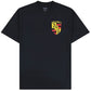 The PLEASURES Fast Life T-shirt Black is a soft cotton, boxy fit short-sleeve tee with a small red and yellow crest, stylized icons, and text on the upper left chest.