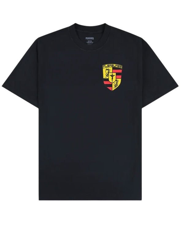 The PLEASURES Fast Life T-shirt Black is a soft cotton, boxy fit short-sleeve tee with a small red and yellow crest, stylized icons, and text on the upper left chest.
