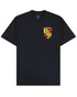 The PLEASURES Fast Life T-shirt Black is a soft cotton, boxy fit short-sleeve tee with a small red and yellow crest, stylized icons, and text on the upper left chest.