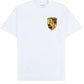 The PLEASURES Fast Life T-shirt White is a plain cotton tee with a small multicolored crest logo (black, yellow, and red) on the upper left chest. Made in the USA.