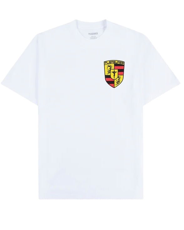 The PLEASURES Fast Life T-shirt White is a plain cotton tee with a small multicolored crest logo (black, yellow, and red) on the upper left chest. Made in the USA.