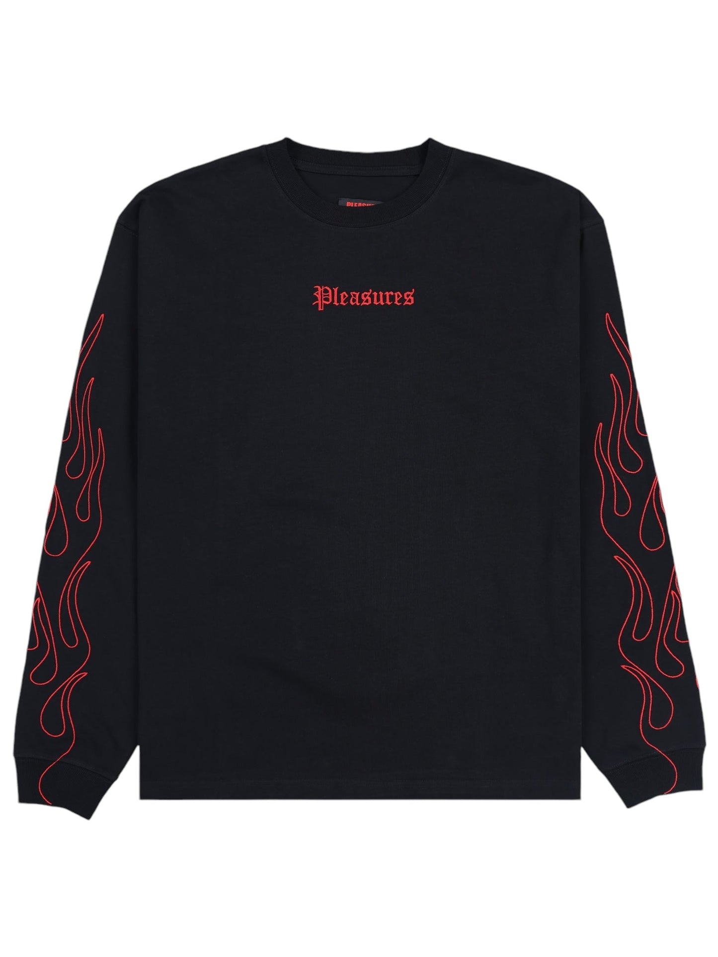 The Pleasures Fiery Heavyweight L/S T-shirt in Black by PLEASURES features a striking red "Pleasures" text on the front and bold red flame designs running down both sleeves.