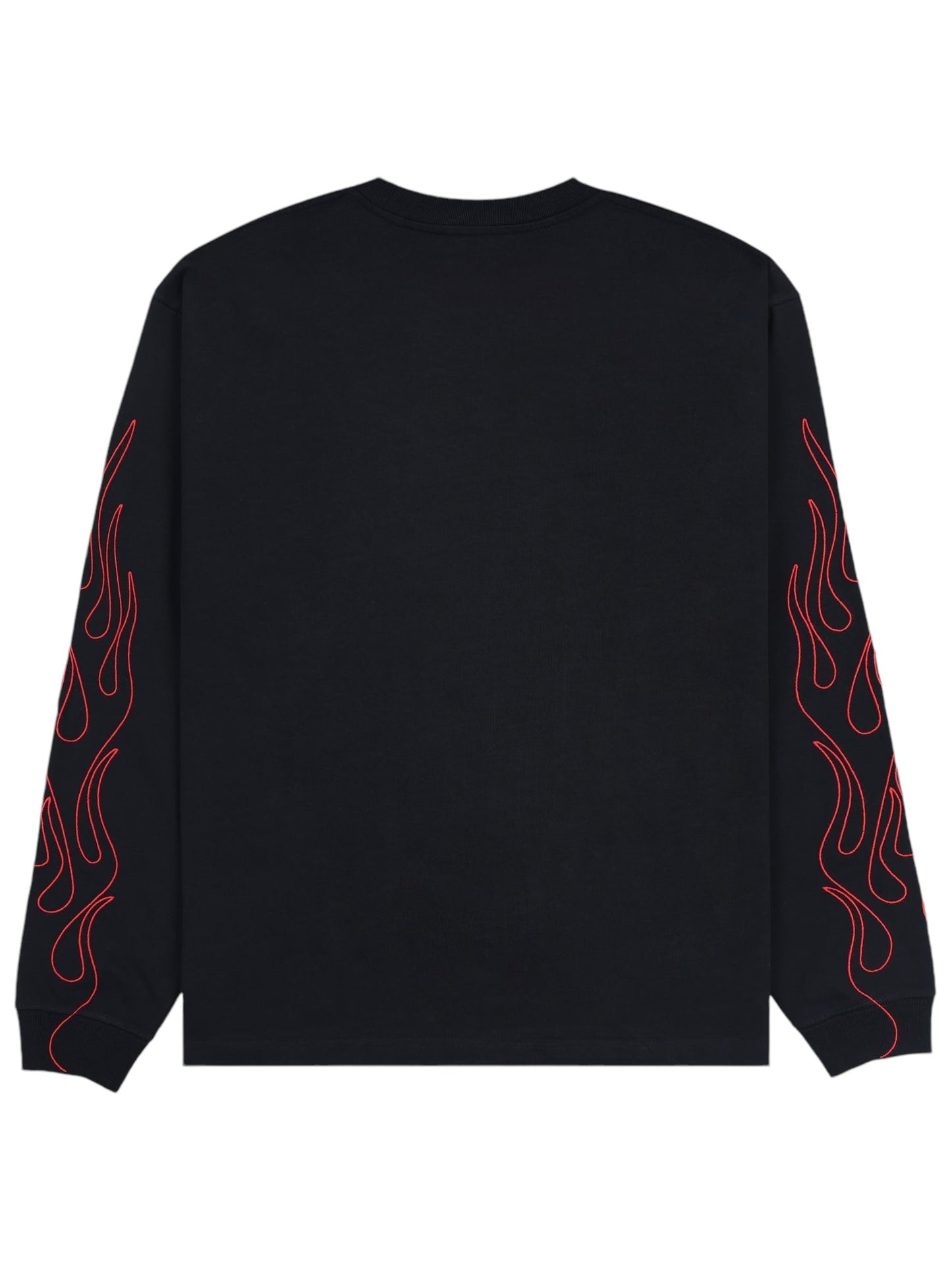 The PLEASURES Fiery Heavyweight L/S T-shirt in Black showcases red flames on the arms, making a bold statement against its white backdrop.