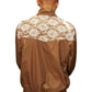The person is wearing a chic Pleasures Francesca Track Jkt Brown by PLEASURES, featuring elegant white lace detailing on the back, against a plain background.