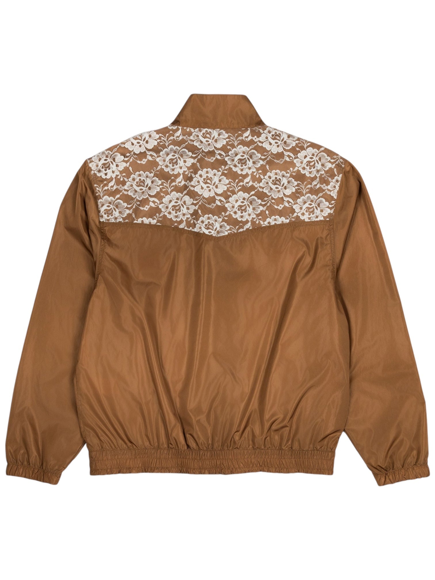 The Pleasures Francesca Track Jkt Brown by PLEASURES is a luxurious polyamide jacket with a white lace panel on the back, an elastic waistband and cuffs, and a distinguished collared design inspired by classic Italian craftsmanship.
