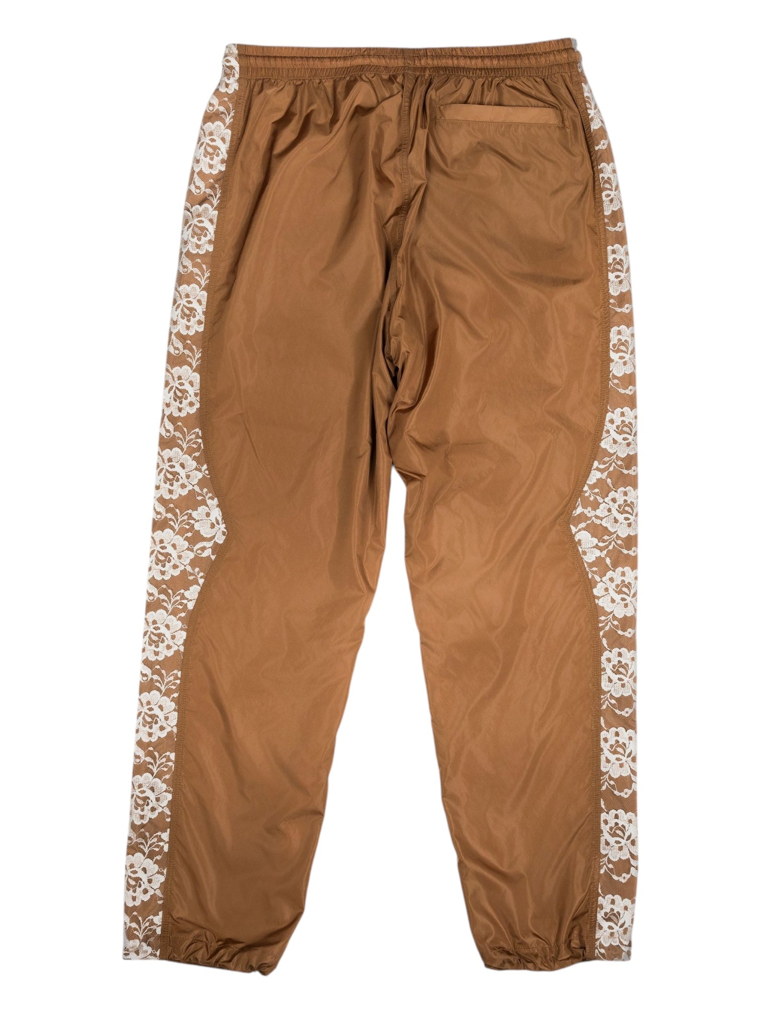 The Pleasures Francesca Track Pants Brown by PLEASURES are expertly crafted in Italy, showcasing elegant white floral side stripes and an elastic waistband with cuffs.