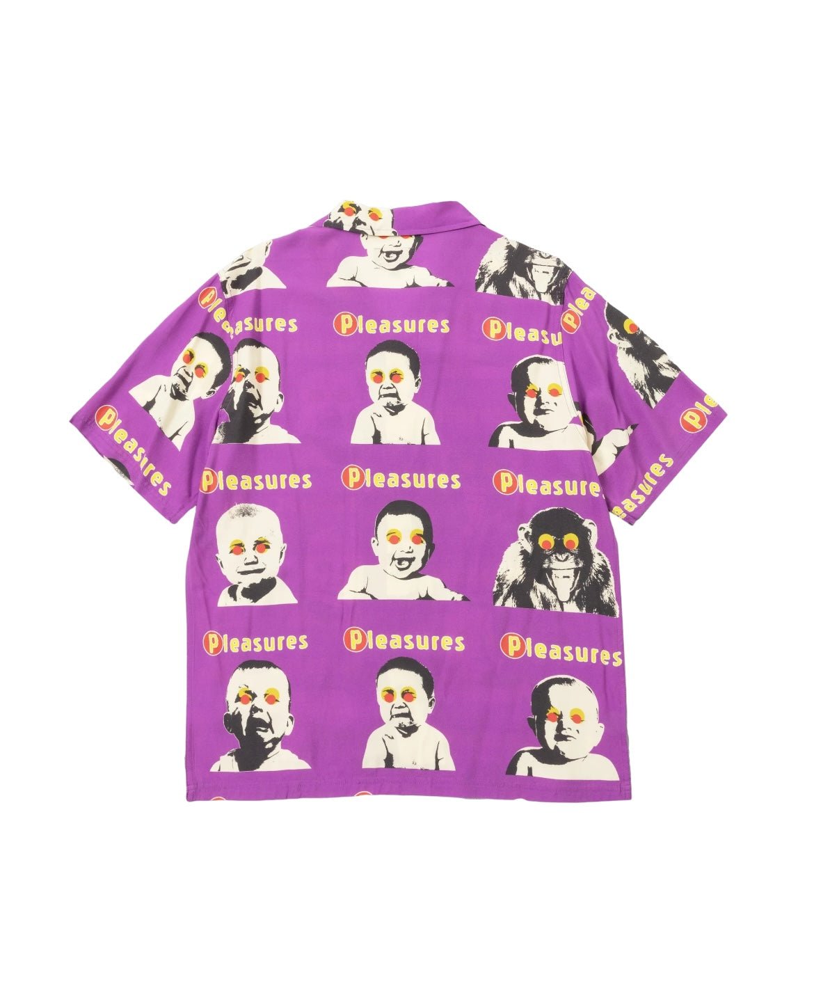 A PLEASURES HEAD BUTTON DOWN PURPLE by PLEASURES featuring repeated images of clowns and a gorilla, interspersed with the word "PLEASURES.