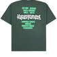 The Pleasures Melrose T-shirt Ivy by PLEASURES is a dark green 100% cotton tee featuring graffiti-style text with music genres, formats, and Fat Beats magazines in green and white on the back.