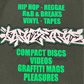 Green and white text on a dark background lists music genres, formats, and items—including hip hop, reggae, vinyl, tapes, CDs, videos, graffiti mags—featured on the Pleasures Melrose T-shirt Ivy by PLEASURES.