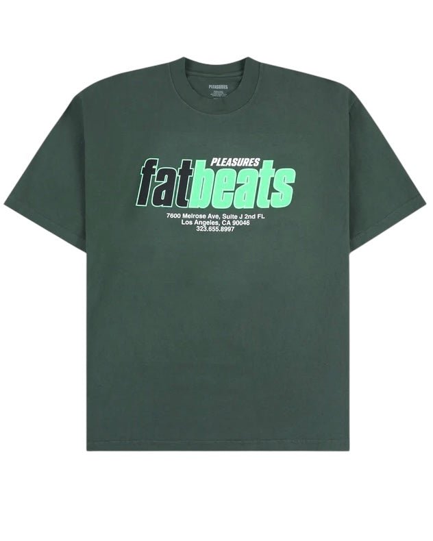 The Pleasures Melrose T-shirt Ivy by PLEASURES is a dark green, 100% cotton tee made in the USA, featuring "PLEASURES fatbeats" plus address and phone number printed in white and mint green on the chest.
