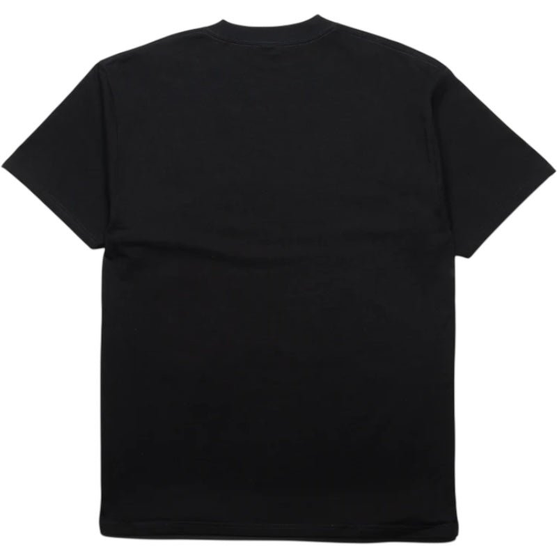 The PLEASURES Migraine T-shirt Black Edge is a soft cotton short-sleeve tee with a boxy, relaxed fit. Displayed flat with the back facing up, it offers comfort and minimalist style.