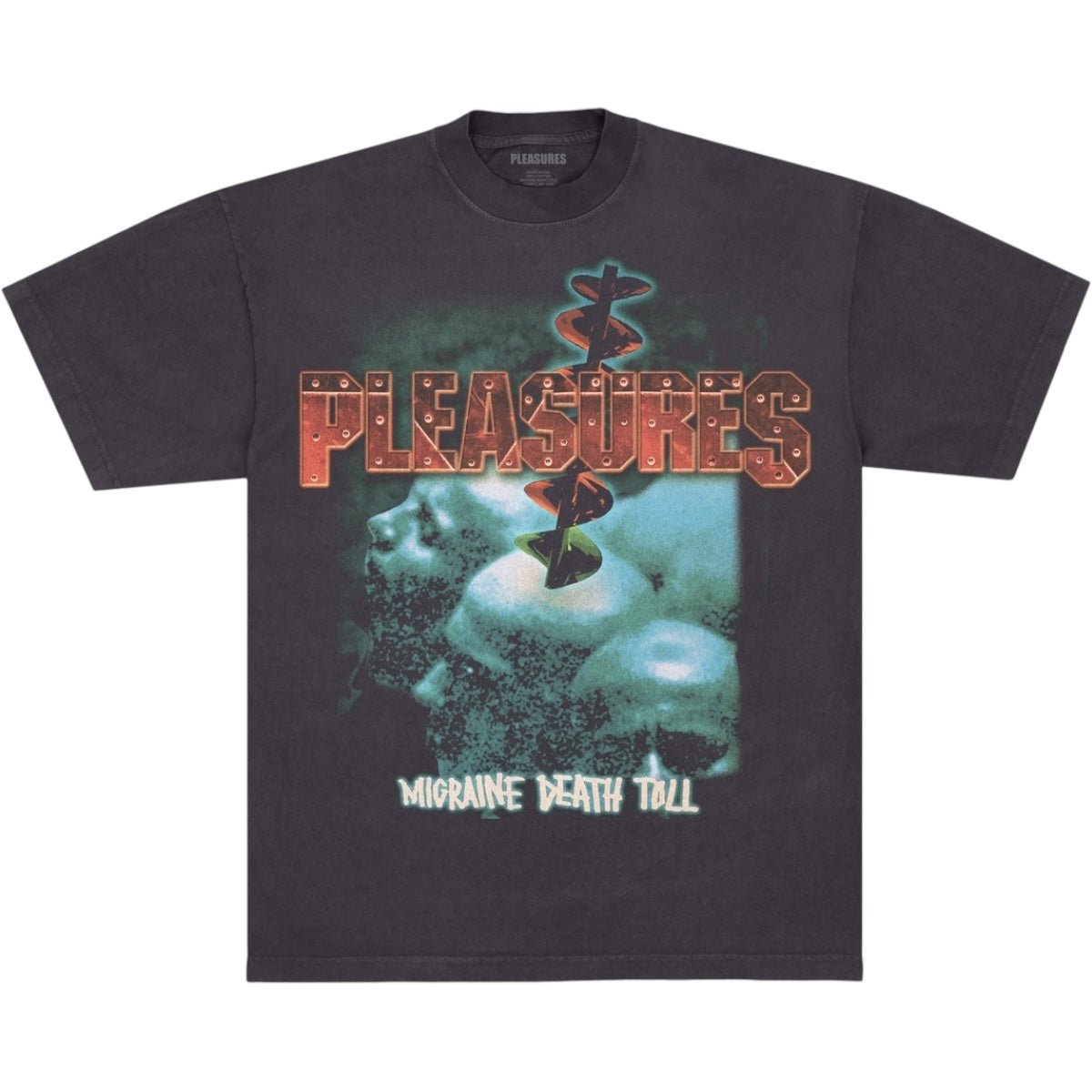 The Pleasures Migraine T-shirt Black Edge by PLEASURES features a boxy fit, bold red "PLEASURES" text, three bald head graphics, and "MIGRAINE DEATH TOLL" in green—all on soft garment dyed cotton for comfort.