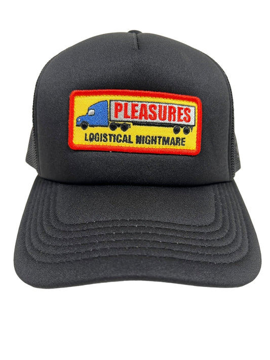 A PLEASURES NIGHTMARE TRUCKER BLACK with a yellow and red patch showing a blue truck and the text "Pleasures Logistical Nightmare," crafted from durable nylon for long-lasting wear.