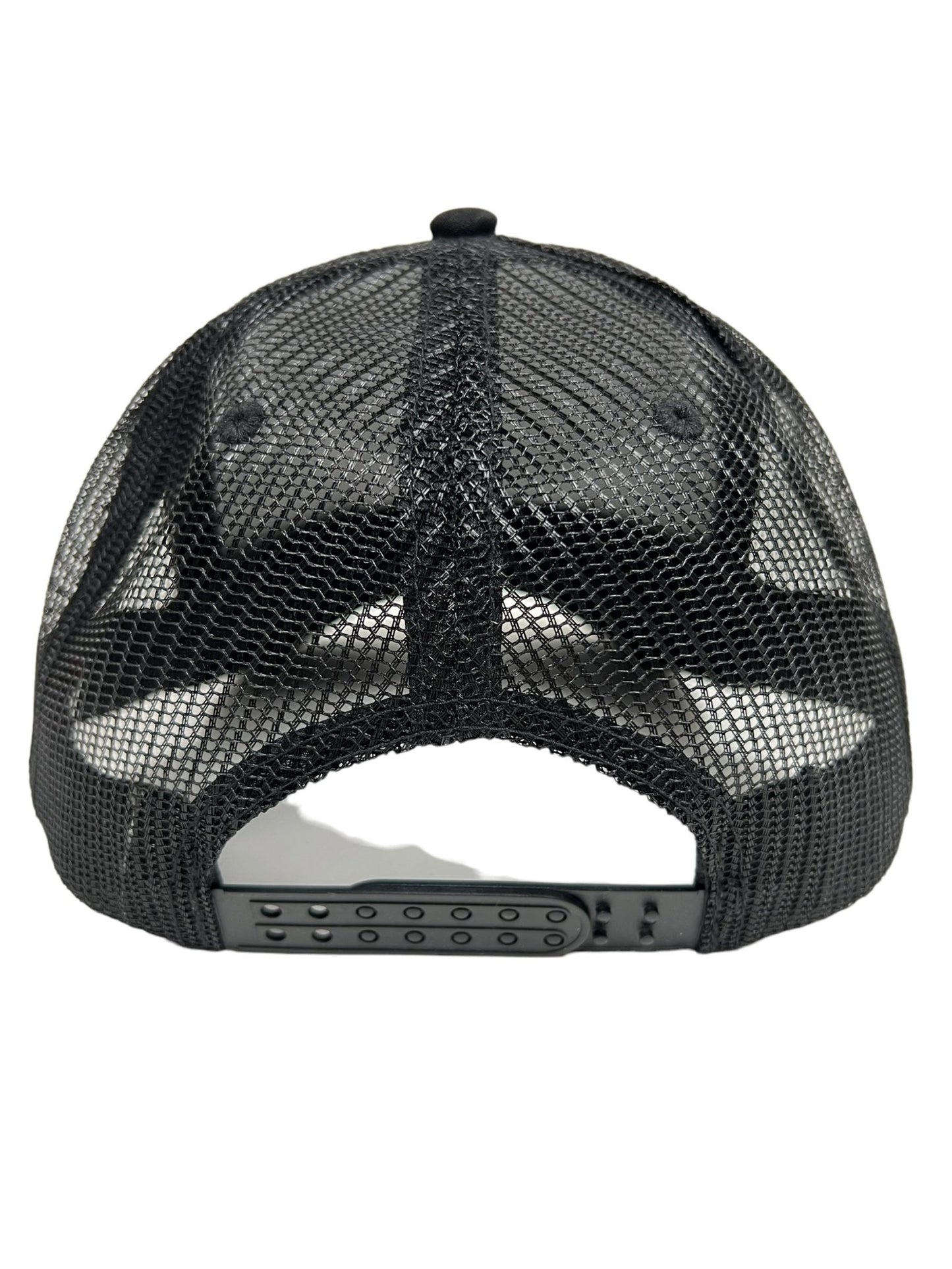 The back view of a black PLEASURES NIGHTMARE TRUCKER BLACK hat with an adjustable snap closure, crafted from durable polyester mesh.