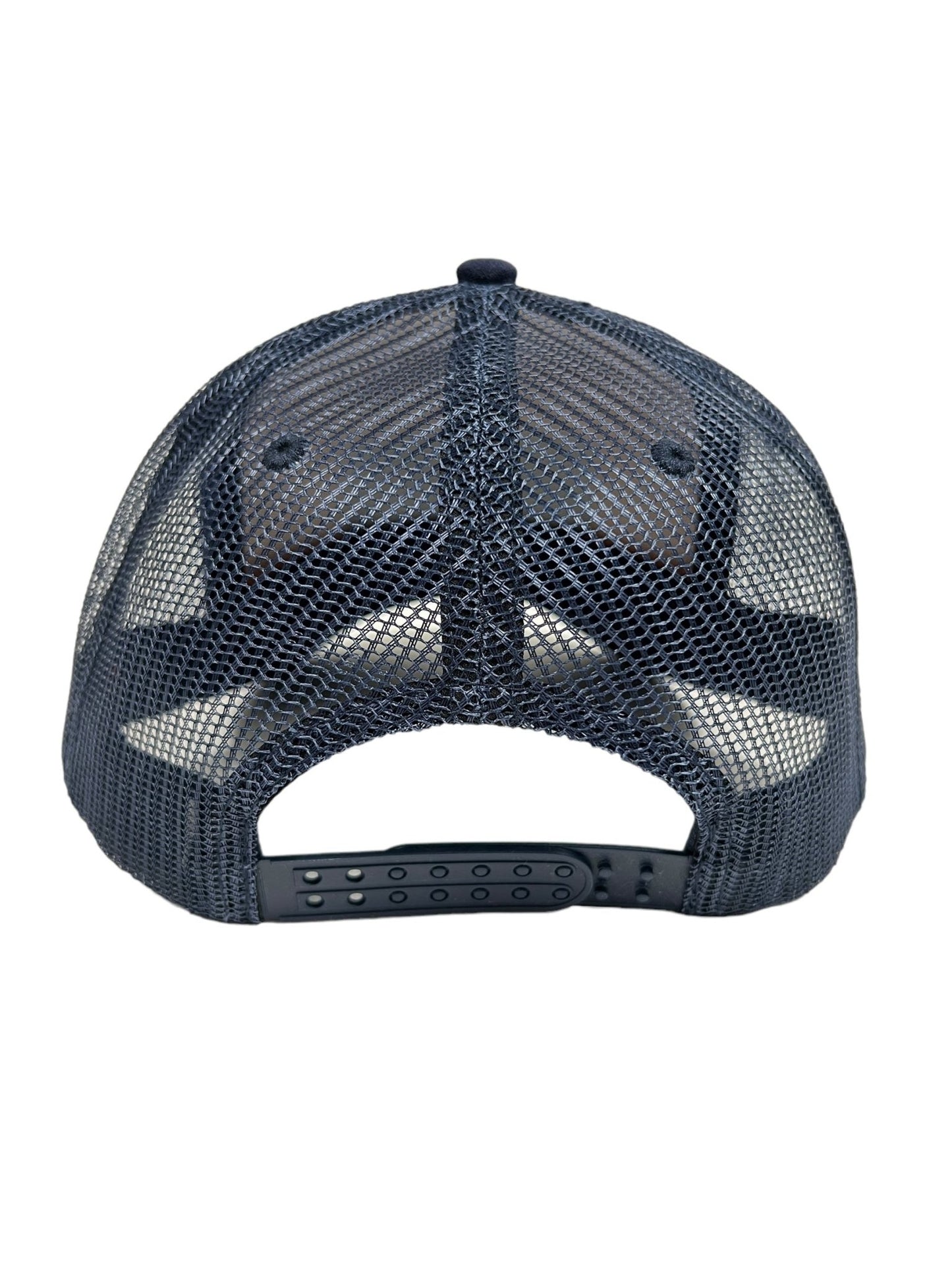 Back view of the PLEASURES NIGHTMARE TRUCKER NAVY/YELLOW hat from PLEASURES, showcasing a black mesh baseball cap with an adjustable snapback closure, made from durable polyester.