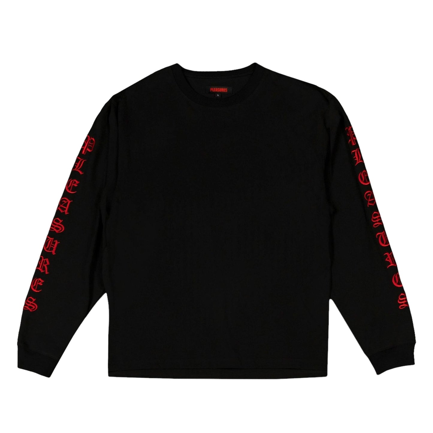 The Pleasures Oe Heavyweight Long Sleeve Black by PLEASURES is a relaxed fit shirt made from heavyweight cotton, featuring red Gothic lettering on both sleeves.