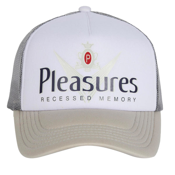 A silver PLEASURES PFUNK trucker cap featuring the logo "Pleasures" and the text "Recessed Memory" on the front.