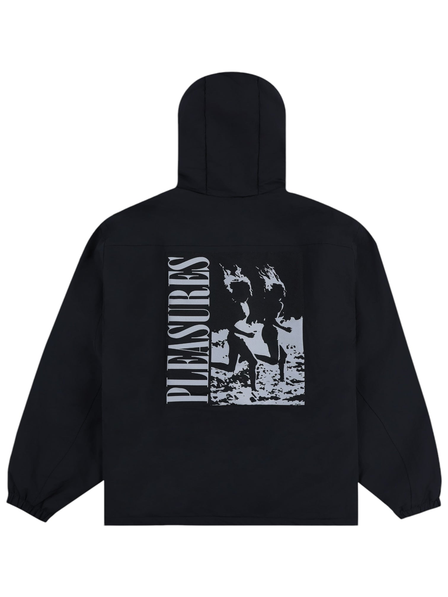 The Pleasures Run Hooded Jacket in black by PLEASURES features "PLEASURES" in bold white capitals and an abstract graphic on the back, crafted with nylon for durability.