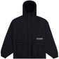 The Pleasures Run Hooded Jacket in Black by PLEASURES features a hood and front zipper, showcasing the "PLEASURES" logo on the chest. It includes two large zippered front pockets, offering a sleek and functional design.