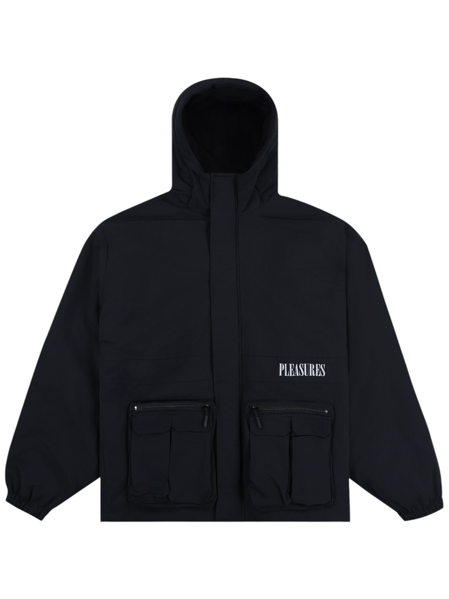 The Pleasures Run Hooded Jacket in Black by PLEASURES features a hood and front zipper, showcasing the "PLEASURES" logo on the chest. It includes two large zippered front pockets, offering a sleek and functional design.