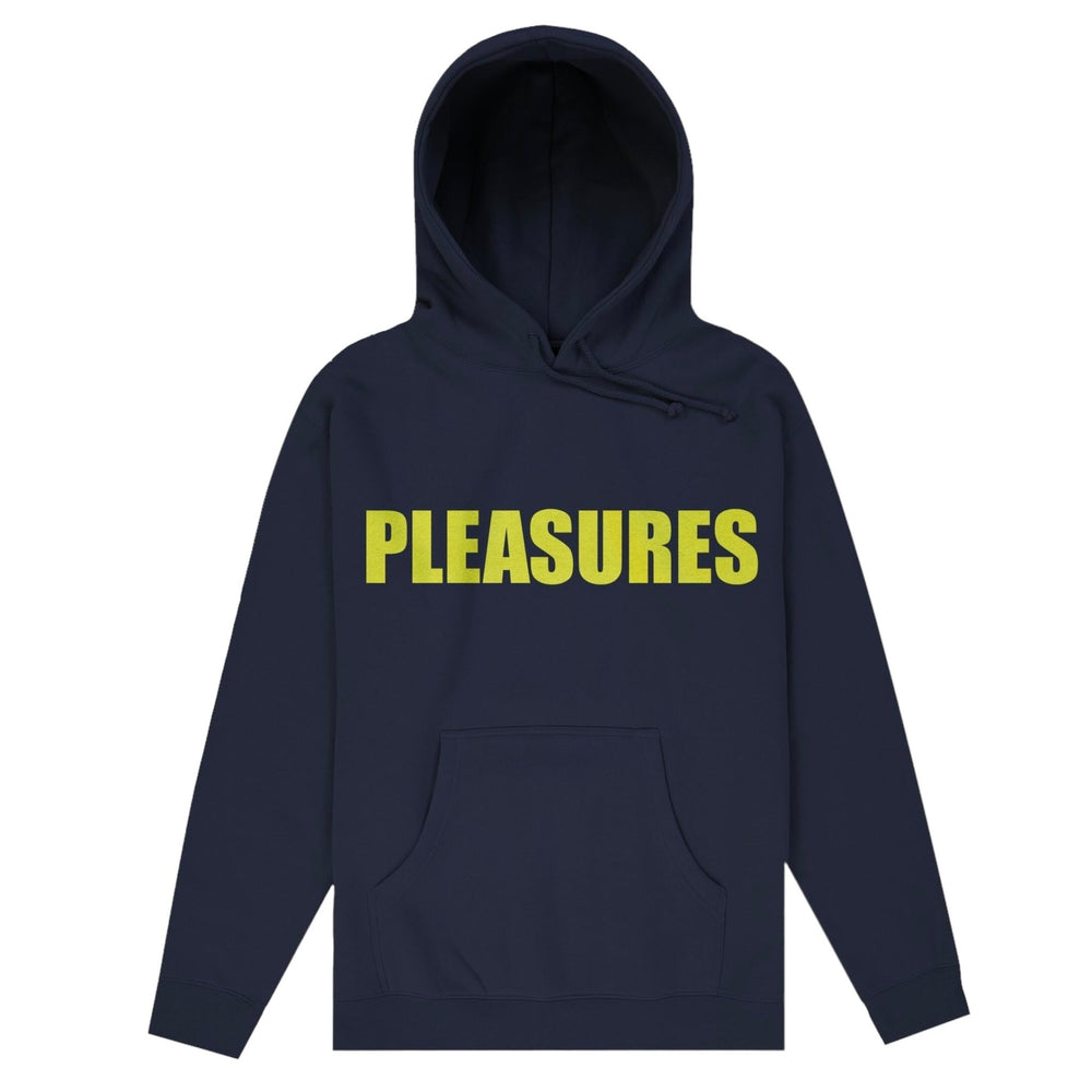 A black PLEASURES hoodie with the word "PLEASURES" screen printed in large yellow letters on the front, made from 80% cotton and 20% polyester.