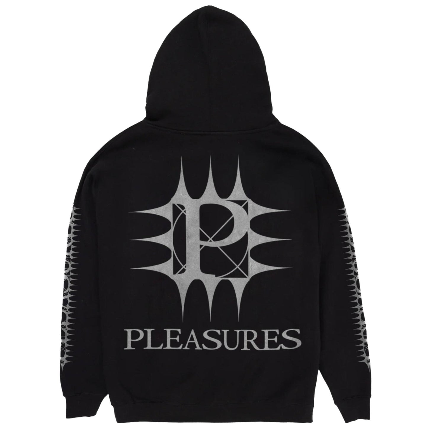 The PLEASURES SPIKE ZIP HOODIE BLACK features a bold graphic design with a prominent stylized "P" surrounded by angular shapes and the word "PLEASURES" underneath. The sleeves showcase a repetitive pattern. Made from 80% cotton and 20% polyester, this full-zip hoodie is screen printed in the USA.