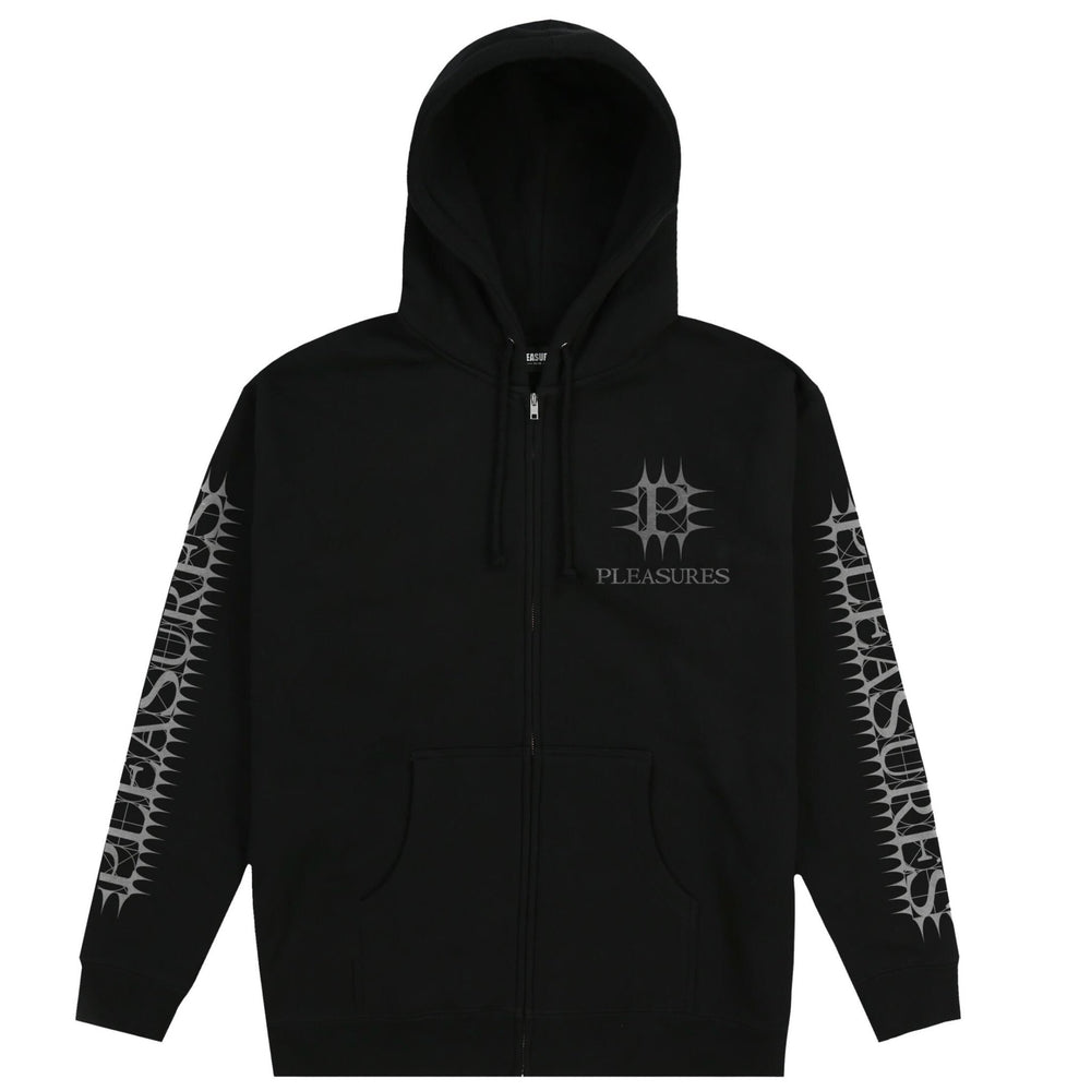 The PLEASURES SPIKE ZIP HOODIE BLACK, crafted from 80% cotton and 20% polyester, features "Pleasures" text and graphic screen printed in the USA on the chest and sleeves.