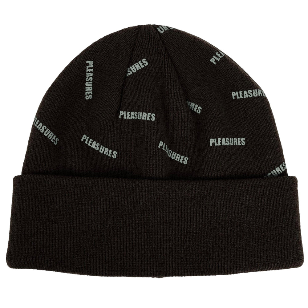 The PLEASURES SPRINKLE BEANIE BLACK, a black beanie by PLEASURES, is adorned with the word "PLEASURES" printed multiple times in grey, showcasing the iconic Pleasures logo print.