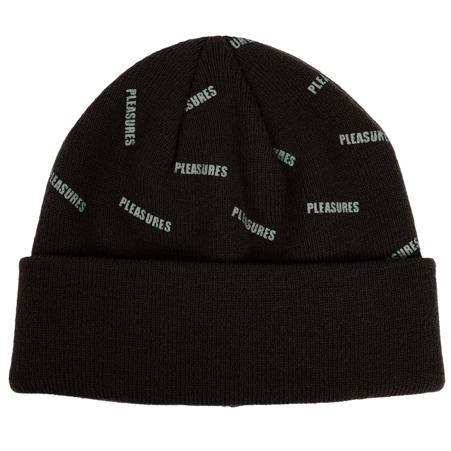 The PLEASURES SPRINKLE BEANIE BLACK, a black beanie by PLEASURES, is adorned with the word "PLEASURES" printed multiple times in grey, showcasing the iconic Pleasures logo print.