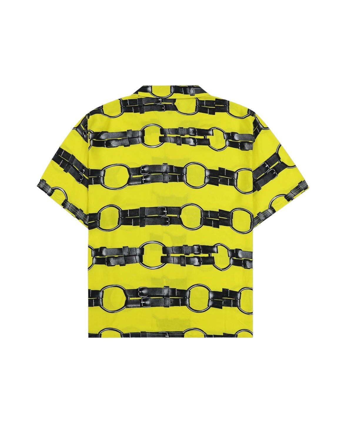 The PLEASURES Straps Button Down Yell is a short-sleeve shirt with a vibrant yellow background and an eye-catching black buckle and strap pattern. This camp collar button-up, made from 100% Rayon Challis Pleasures Straps Button Down fabric, is elegantly finished with vintage 2-hole buttons.