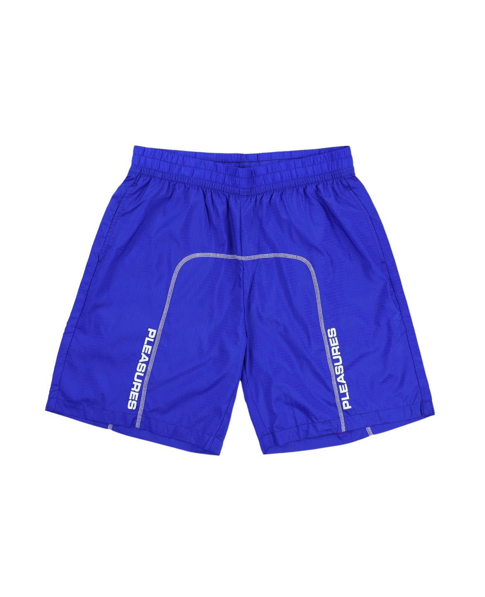 The Pleasures Tempo Active Shorts in blue are made from durable nylon ripstop and feature an elastic waistband, offering both comfort and style. The brand name "PLEASURES" is prominently printed in white on each leg.