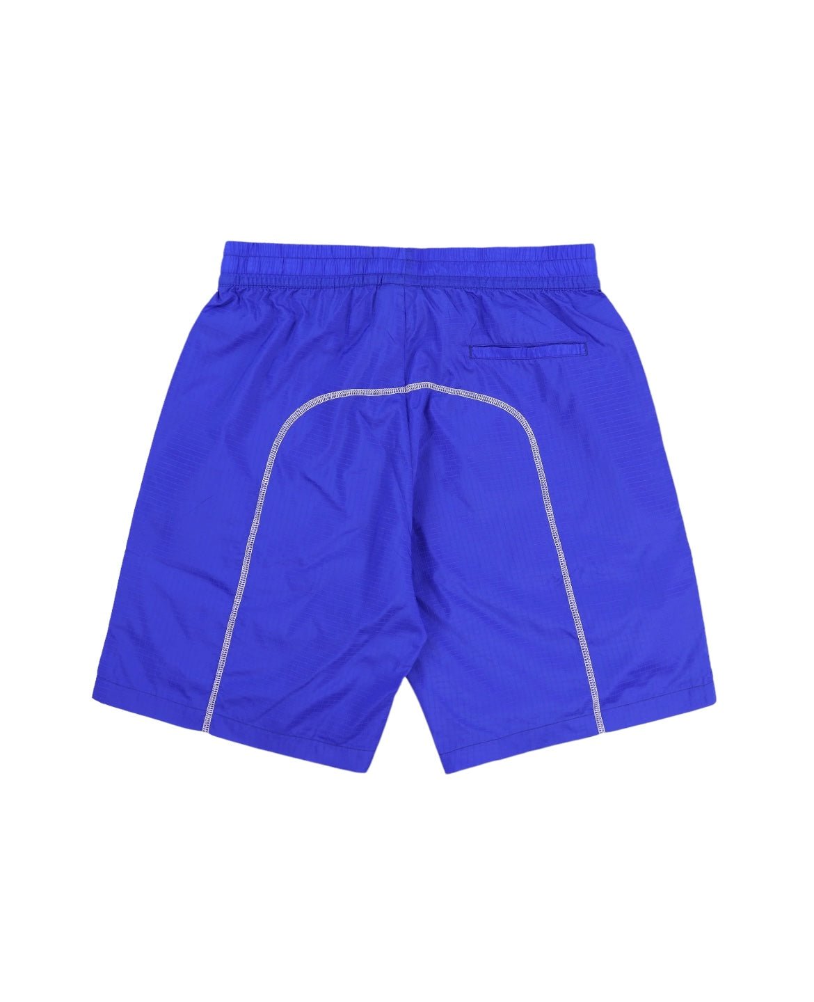 The Pleasures Tempo Active Shorts in blue by PLEASURES are made from durable nylon ripstop and feature a convenient back pocket and white stitching detail. Ideal for those who prioritize comfort and style during their workouts.