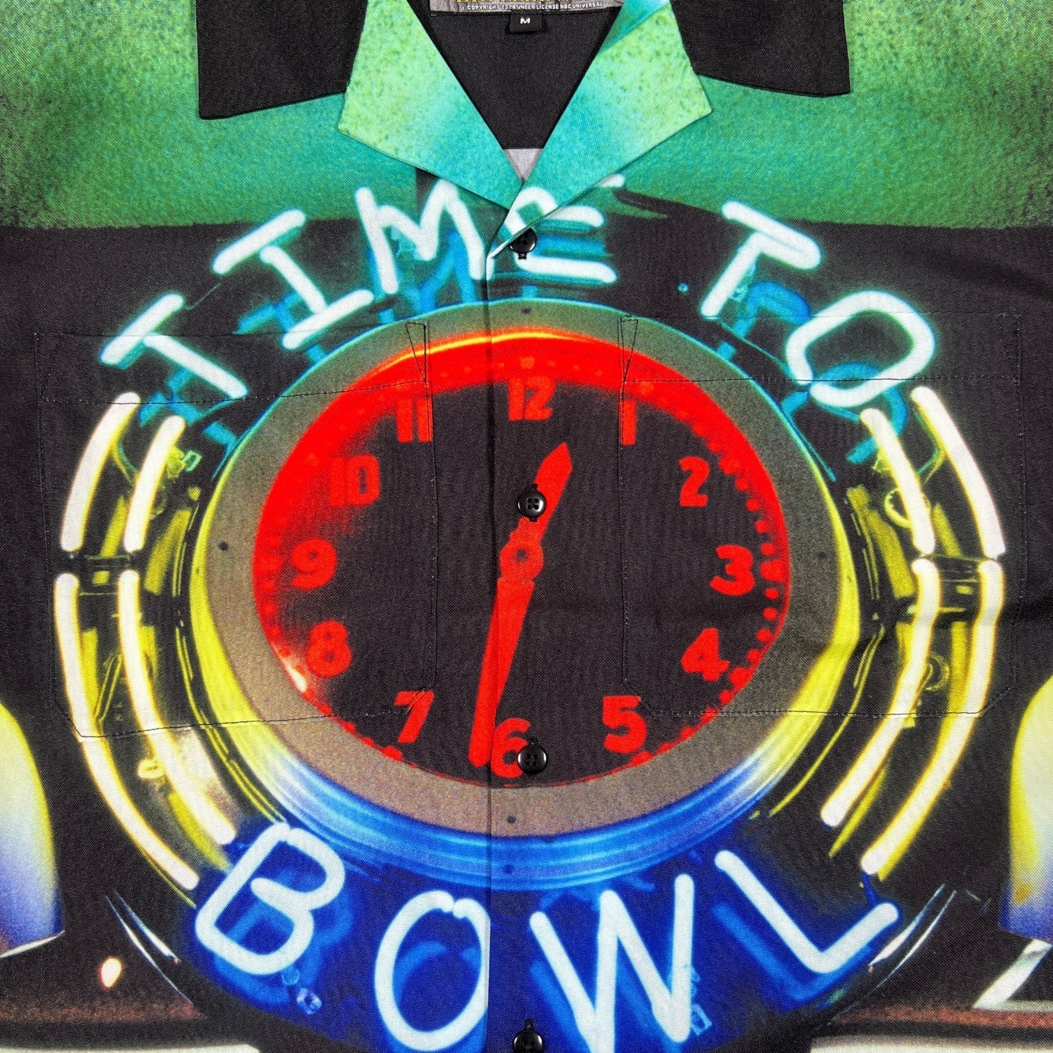 The PLEASURES Time Bowling Button Up Black features a neon sign design with a red clock and "TIME TO BOWL" text—blending classic style and fun for life’s simple pleasures.