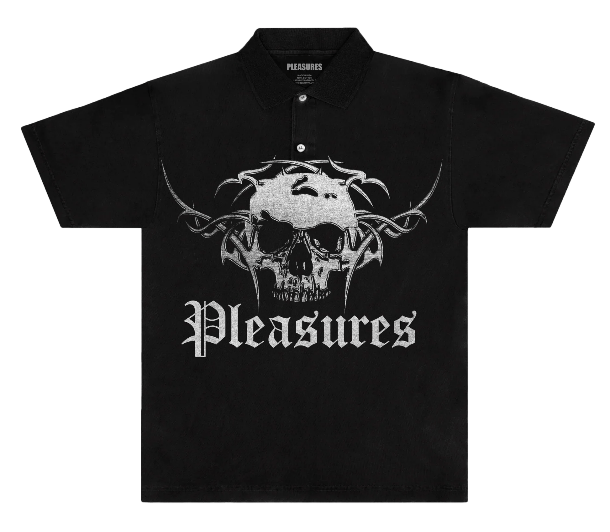 The Pleasures Tradition Polo Shirt Black by PLEASURES is made from 100% cotton and showcases a bold skull with thorns graphic plus “Pleasures” in striking gothic font on the front.