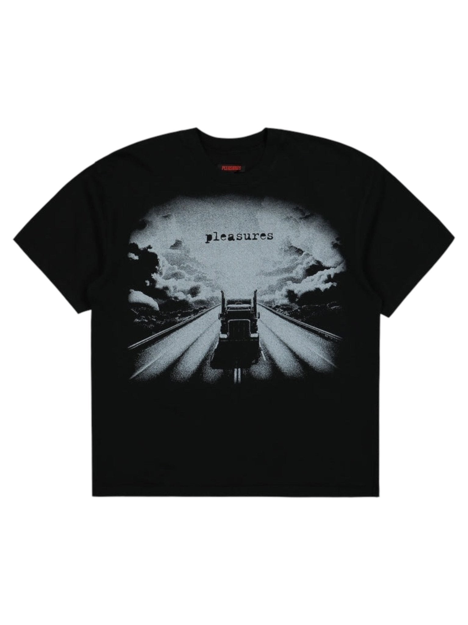 Check out the PLEASURES "Truck Heavyweight Shirt Black," a 100% cotton black T-shirt featuring a highway truck graphic under cloudy skies with "pleasures" printed above.
